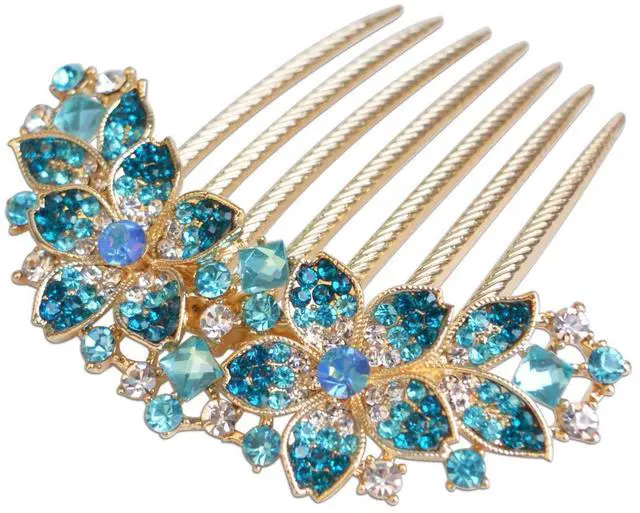 Main image of Women Rhinestone Inlaid Flower Hair Comb Hairpin Barrette Accessory,Also Perfect Mother's Day Gifts for Mom (Blue)