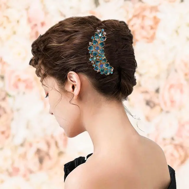 Alt view image 5 of 5 - Women Rhinestone Inlaid Flower Hair Comb Hairpin Barrette Accessory,Also Perfect Mother's Day Gifts for Mom (Blue)