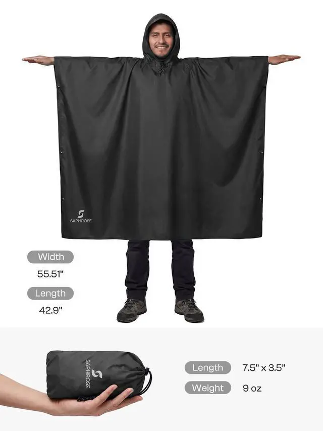 Alt view image 3 of 6 - Hooded Rain Poncho Waterproof Raincoat Jacket for Men Women Adults (Black)