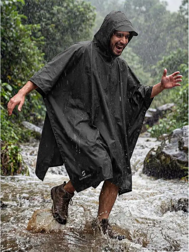 Alt view image 2 of 6 - Hooded Rain Poncho Waterproof Raincoat Jacket for Men Women Adults (Black)