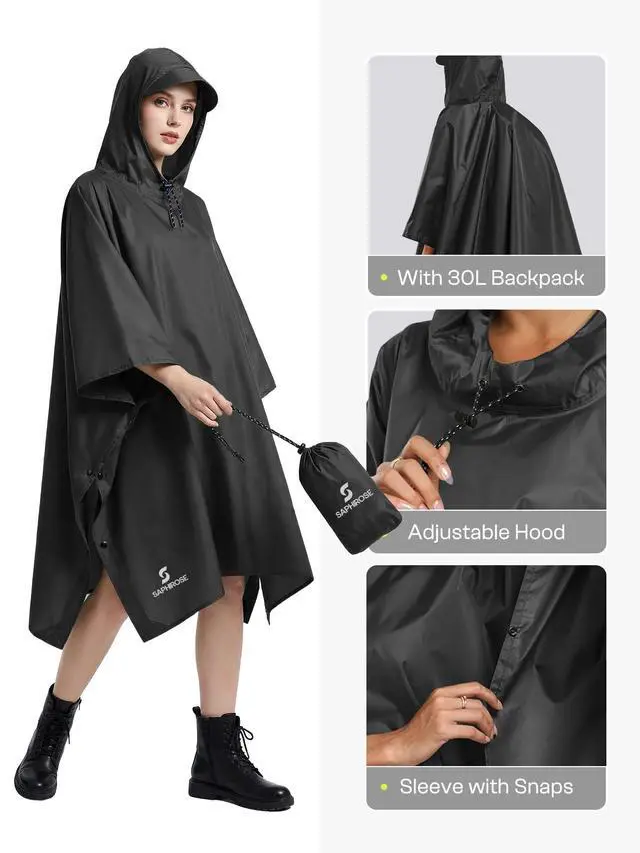 Alt view image 4 of 6 - Hooded Rain Poncho Waterproof Raincoat Jacket for Men Women Adults (Black)