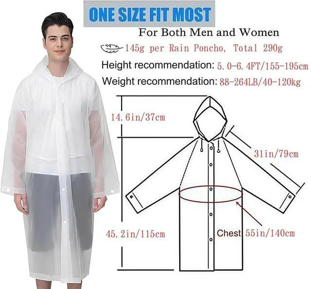Alt view image 2 of 7 - Rain Coat Poncho for Adult, 2 Pack Women Men Reusable Raincoats Emergency with Hood and Drawstring (White+White)