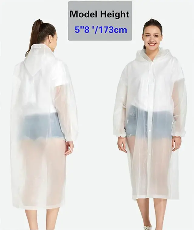 Alt view image 6 of 7 - Rain Coat Poncho for Adult, 2 Pack Women Men Reusable Raincoats Emergency with Hood and Drawstring (White+White)