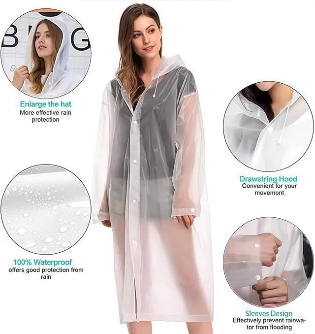 Alt view image 3 of 7 - Rain Coat Poncho for Adult, 2 Pack Women Men Reusable Raincoats Emergency with Hood and Drawstring (White+White)