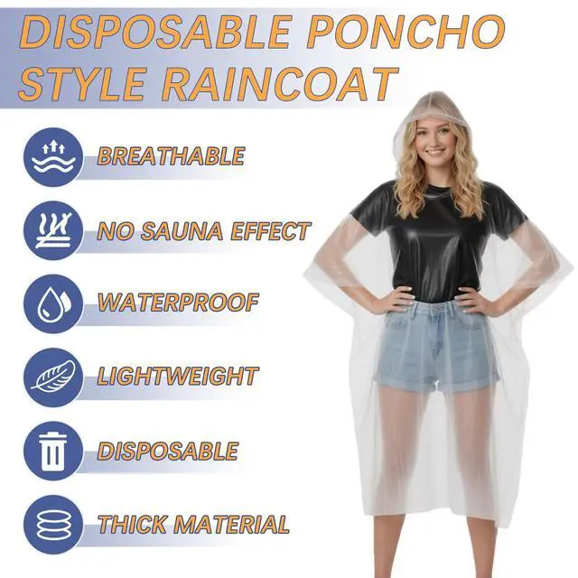 Alt view image 4 of 7 - 12 Pack Disposable Rain Ponchos for Adults, Emergency Clear Poncho with Hood Waterproof Bulk Plastic Rain Coat Family Pack for Hiking, Travel, Camping