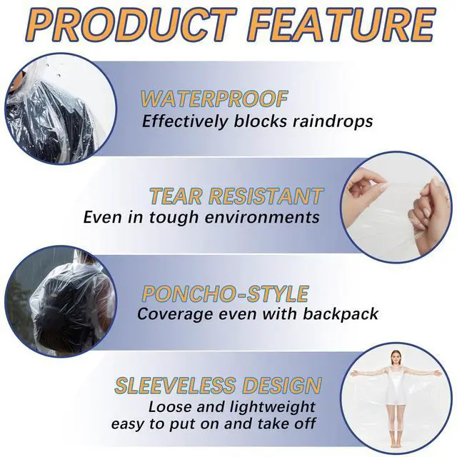 Alt view image 3 of 7 - 12 Pack Disposable Rain Ponchos for Adults, Emergency Clear Poncho with Hood Waterproof Bulk Plastic Rain Coat Family Pack for Hiking, Travel, Camping