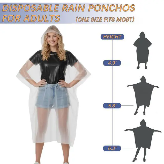 Alt view image 5 of 7 - 12 Pack Disposable Rain Ponchos for Adults, Emergency Clear Poncho with Hood Waterproof Bulk Plastic Rain Coat Family Pack for Hiking, Travel, Camping