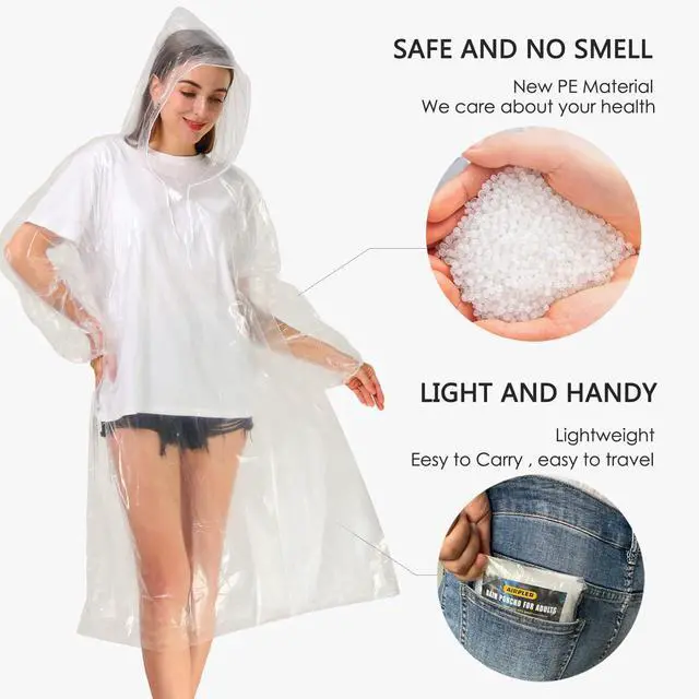 Alt view image 3 of 7 - Rain Ponchos for Adults, Disposable 4-Pack Clear Family Ponchos, Emergency Ponchos with Hood for Travel & Outdoor