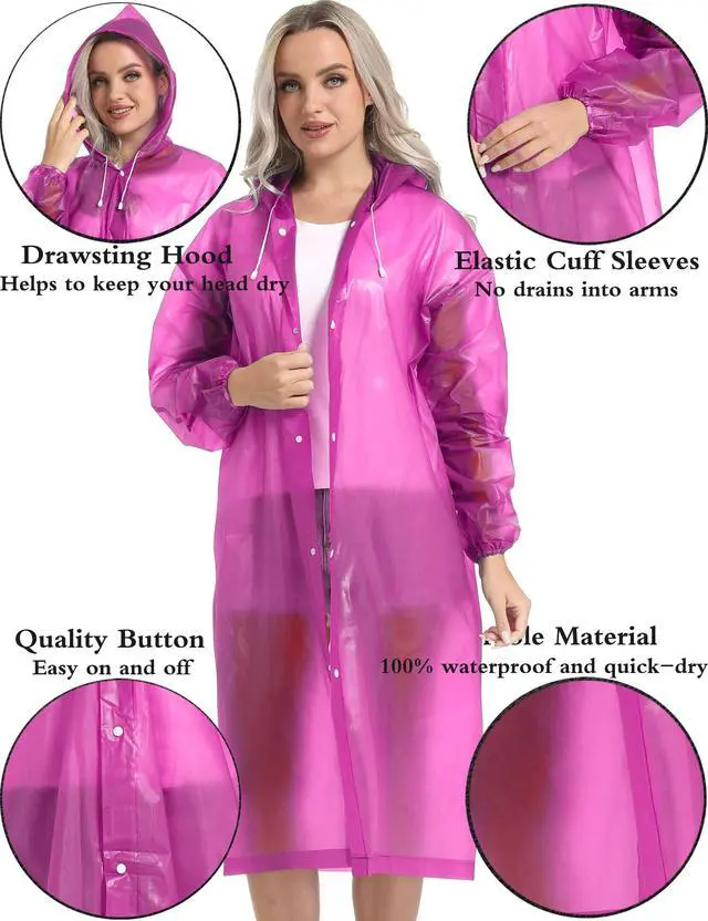 Alt view image 5 of 7 - Rain Coats for Adults, 2 Pack Reusable EVA Rain Ponchos Emergency for Camping Hiking Travelling Pink