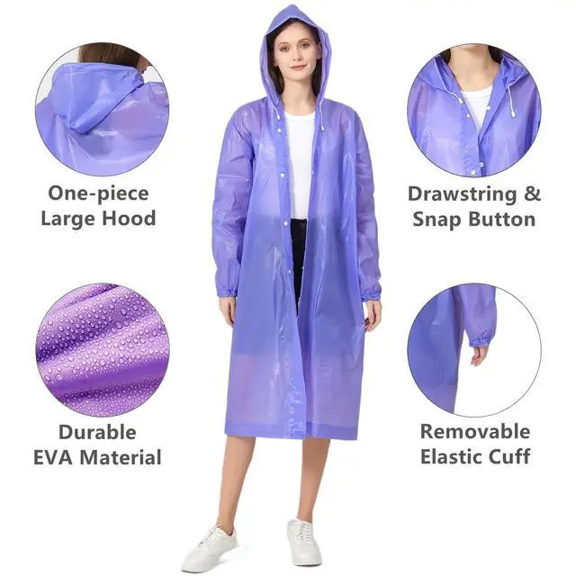 Alt view image 3 of 5 - Rain Poncho Raincoats for Adult Reusable - 2-5 Pack EVA Waterproof Rain Coat with Hood, Rain Gear for Men Women (Blue+Purple)