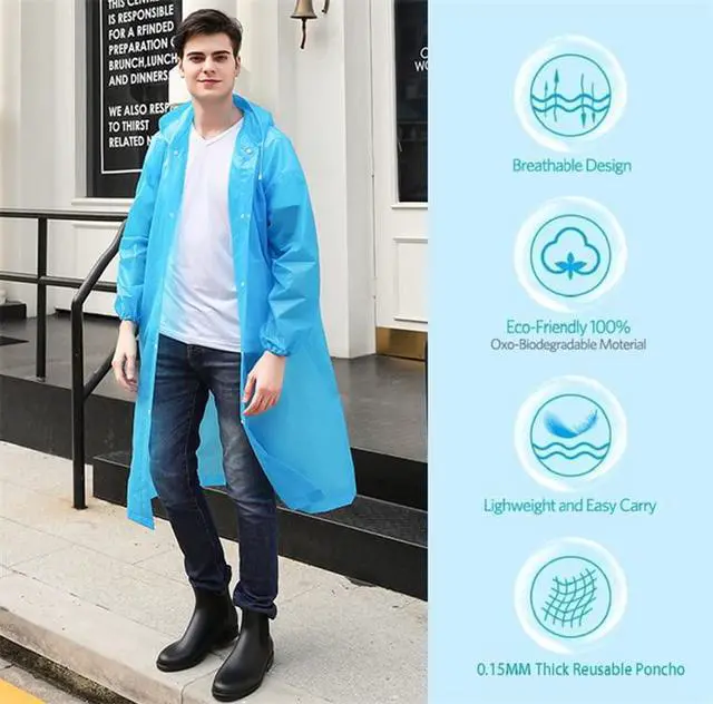 Alt view image 5 of 5 - Rain Poncho Raincoats for Adult Reusable - 2-5 Pack EVA Waterproof Rain Coat with Hood, Rain Gear for Men Women (Blue+Purple)