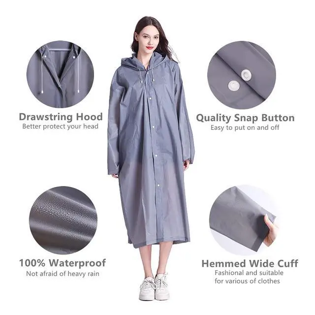 Alt view image 4 of 7 - Rain Ponchos for Adults, Reusable Waterproof Hooded EVA Rain Coats Rain Jackets Rainwear for Women Men, Pack of 2 (US, Alpha, One Size, Regular, Regular, 2, Grey)