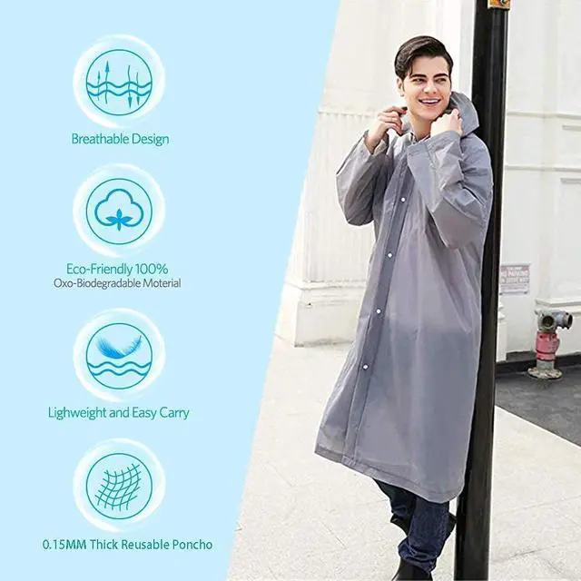 Alt view image 6 of 7 - Rain Ponchos for Adults, Reusable Waterproof Hooded EVA Rain Coats Rain Jackets Rainwear for Women Men, Pack of 2 (US, Alpha, One Size, Regular, Regular, 2, Grey)