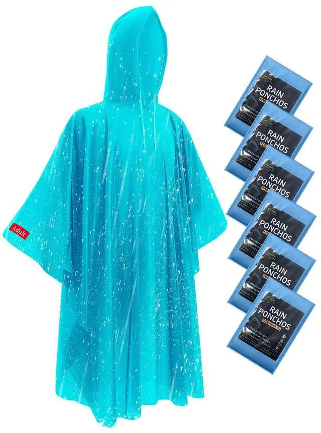 Main image of Disposable Rain Ponchos - Extra Long Waterproof Emergency Poncho with Hood for Adults, Bulk Family 6 Pack Raincoat for Park, Concerts, Hiking, Camping Essentials, Home Emergency Survival Kits, Blue