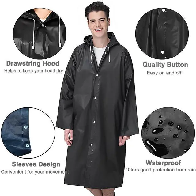 Alt view image 3 of 7 - Rain Ponchos for Adults Reusable, 2 Pcs Raincoats for Women Men with Hood (B-Adults Poncho-Black)