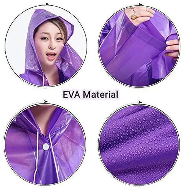 Alt view image 4 of 7 - Rain Ponchos for Adults Reusable, 2 Pack Raincoat for Women Men, Waterproof Rain Coat Gear with Hood Drawstring (US, Alpha, One Size, Regular, Regular, Purple x2)