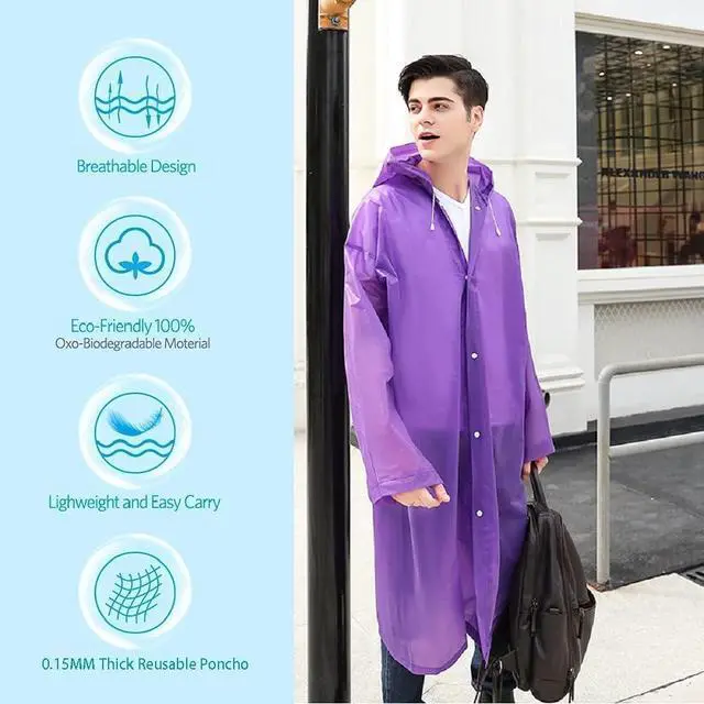 Alt view image 6 of 7 - Rain Ponchos for Adults Reusable, 2 Pack Raincoat for Women Men, Waterproof Rain Coat Gear with Hood Drawstring (US, Alpha, One Size, Regular, Regular, Purple x2)