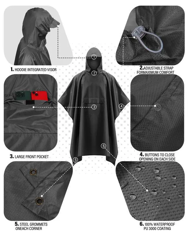 Alt view image 5 of 6 - Rain Poncho Packable Waterproof Unisex Raincoat with Pocket | 3 in 1 Functional, Lightweight, Reusable, Compact and Portable, Storage Pouch for Hiking, Camping, Outdoor