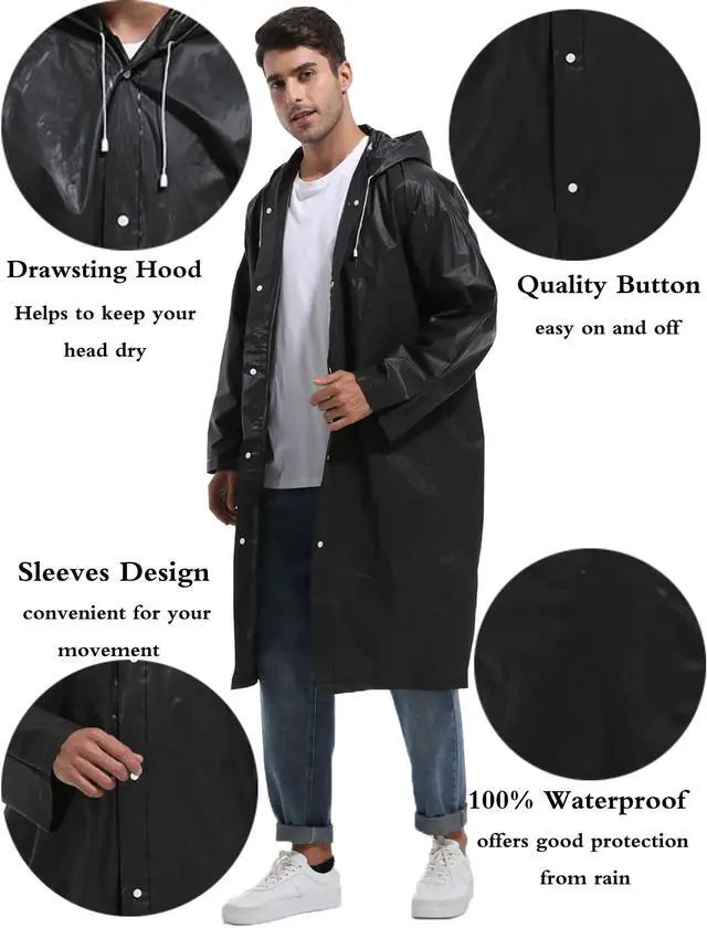Alt view image 6 of 7 - Rain Ponchos for Adults Reusable 2Pcs Raincoats Emergency Survival With Hoods And Sleeves for Women Men Black
