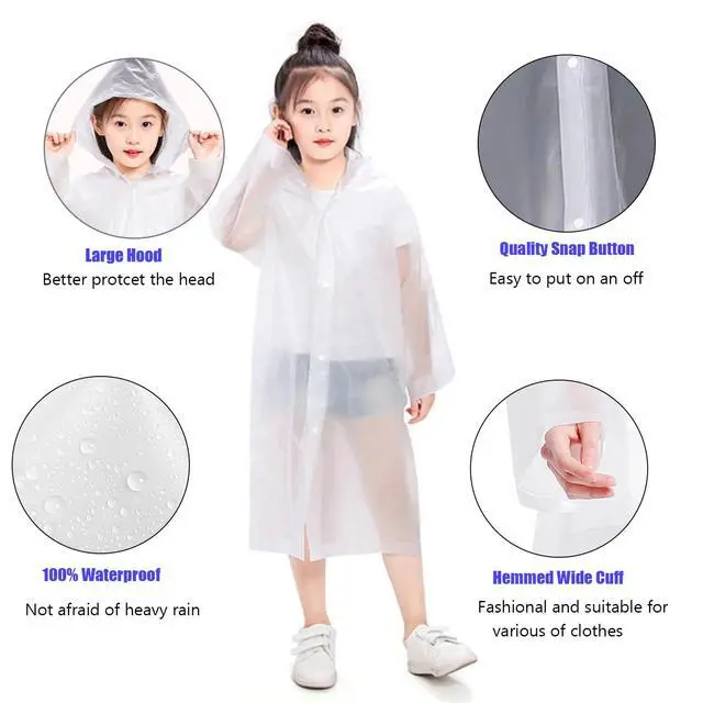 Alt view image 2 of 7 - EVA Rain Ponchos for Kids, 2 Pack Reusable Raincoats with Hoods and Sleeves Lightweight Rain Jacket (White-2Pack)