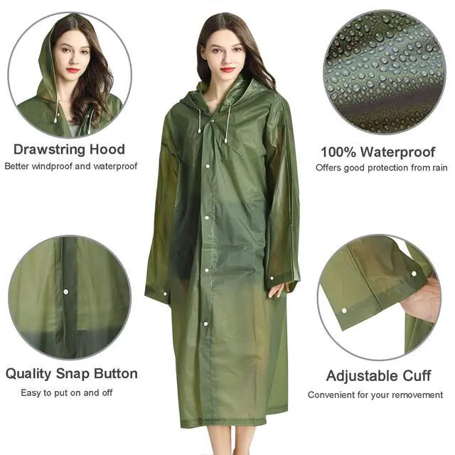 Alt view image 4 of 7 - Rain Ponchos Raincoats for Adults Women Men, Reusable 2 Pack Rain Jacket Coats with Hood for Family Disney Camping Hiking(1 Green+1 Gray)