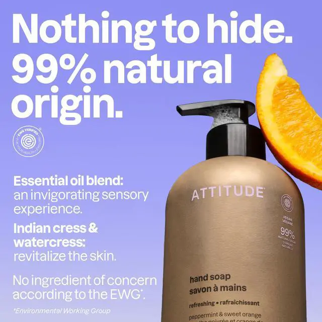 Alt view image 3 of 6 - Liquid Hand Soap with Essential Oils, Moisturizing Hand Wash, Gentle Daily Cleanser, EWG Verified, Vegan Clean Beauty Skin Care, Peppermint & Sweet Orange, 15 Fl Oz