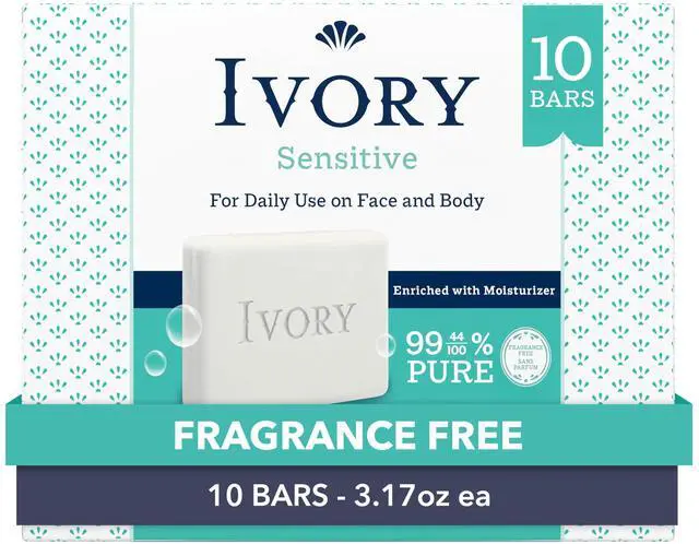 Main image of Sensitive Bar Soap, Designed for Whole Family, Fragrance Free, 99.44% Pure Formula, Plant-Based Cleanser, Made Without Heavy Perfume, Parabens, Phthalates, For All Skin Types, 3.17 oz (10 Count)