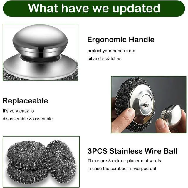 Alt view image 2 of 6 - Steel Wool Scrubber with Handles, Metal Cleaning Brush Heavy Duty Pads | 2 Stainless Scrub Heads + 3 Replacement Wire Sponge for Dishes Pots Pans Cast Iron, Sink Oven Grill No Rust, No Splinters