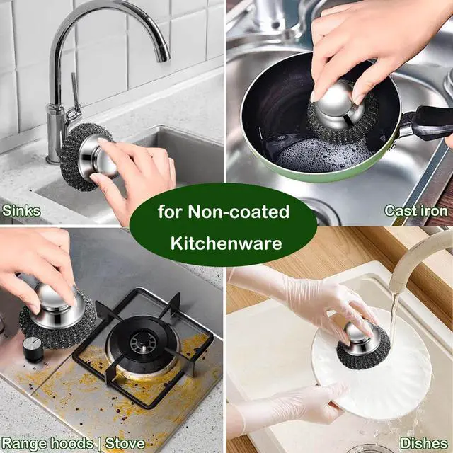 Alt view image 4 of 6 - Steel Wool Scrubber with Handles, Metal Cleaning Brush Heavy Duty Pads | 2 Stainless Scrub Heads + 3 Replacement Wire Sponge for Dishes Pots Pans Cast Iron, Sink Oven Grill No Rust, No Splinters