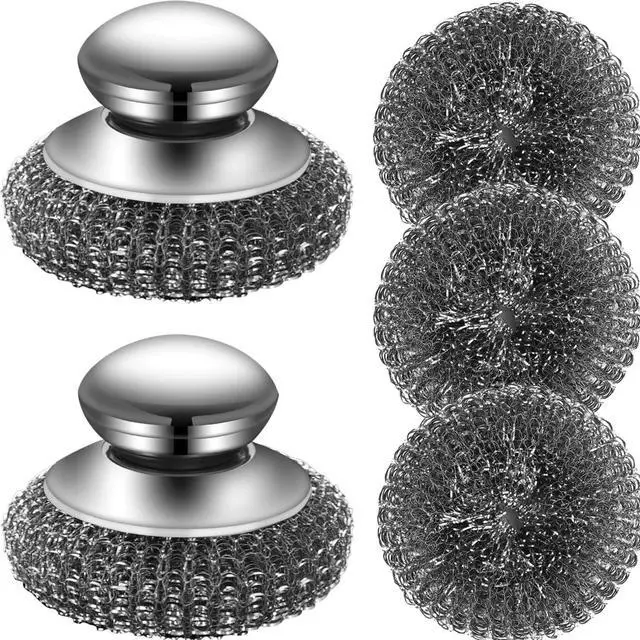 Main image of Steel Wool Scrubber with Handles, Metal Cleaning Brush Heavy Duty Pads | 2 Stainless Scrub Heads + 3 Replacement Wire Sponge for Dishes Pots Pans Cast Iron, Sink Oven Grill No Rust, No Splinters