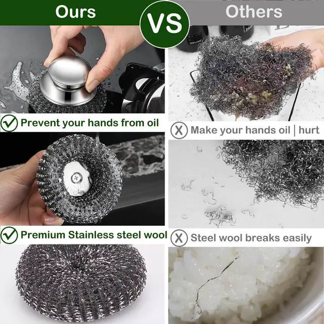 Alt view image 3 of 6 - Steel Wool Scrubber with Handles, Metal Cleaning Brush Heavy Duty Pads | 2 Stainless Scrub Heads + 3 Replacement Wire Sponge for Dishes Pots Pans Cast Iron, Sink Oven Grill No Rust, No Splinters