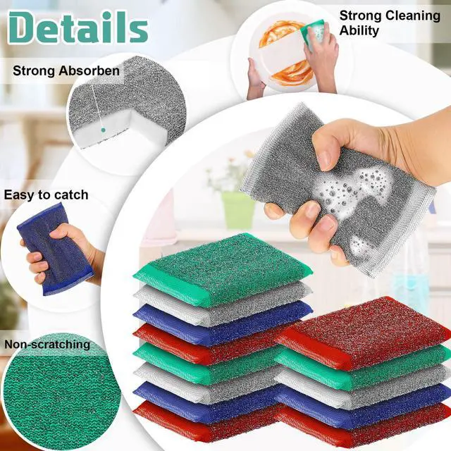 Alt view image 3 of 7 - 24 Pack Steel Wool Scrubber Kitchen Sponges, Heavy Duty Non Scratch Metal Sponges, Reusable Cleaning Scrub Pads for Dishes, Pots, Pans, Sink and Tough Hard Stains (Multicolored)
