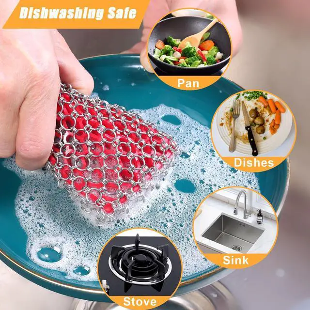 Alt view image 2 of 7 - Cast Iron Scrubber, Skillet Chainmail Scrubber for Cast Iron Pan - Chain Mail Scrubber Cast Iron Sponge - Metal Scrubber Cast Iron Skillet Cleaner, Wok, Frying Pans, Dutch Oven Cleaning Scrubber