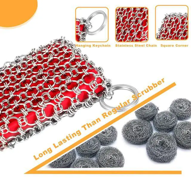 Alt view image 5 of 7 - Cast Iron Scrubber, Skillet Chainmail Scrubber for Cast Iron Pan - Chain Mail Scrubber Cast Iron Sponge - Metal Scrubber Cast Iron Skillet Cleaner, Wok, Frying Pans, Dutch Oven Cleaning Scrubber