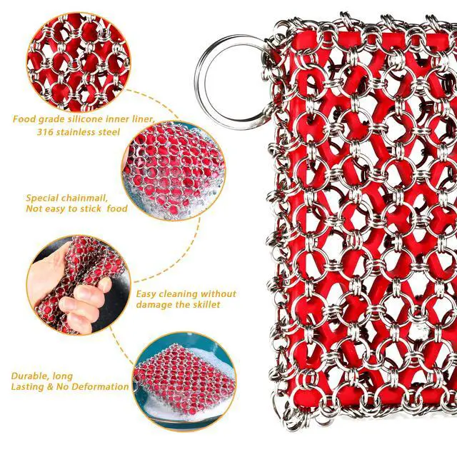 Alt view image 4 of 7 - Cast Iron Scrubber, Skillet Chainmail Scrubber for Cast Iron Pan - Chain Mail Scrubber Cast Iron Sponge - Metal Scrubber Cast Iron Skillet Cleaner, Wok, Frying Pans, Dutch Oven Cleaning Scrubber