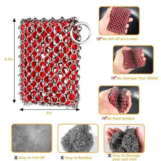 Alt view image 6 of 7 - Cast Iron Scrubber, Skillet Chainmail Scrubber for Cast Iron Pan - Chain Mail Scrubber Cast Iron Sponge - Metal Scrubber Cast Iron Skillet Cleaner, Wok, Frying Pans, Dutch Oven Cleaning Scrubber