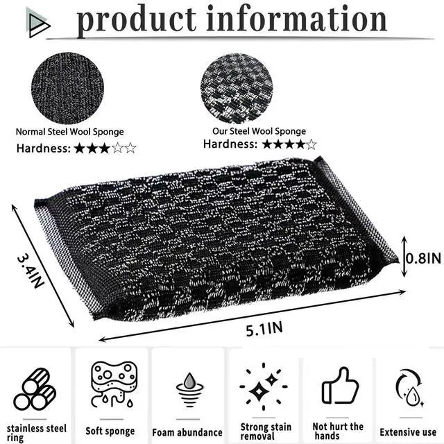 Alt view image 2 of 6 - Steel Wool Scrubbers Dish Sponges Kitchen Scrubbing Pads Pot Scrubber for Kitchen Non Scratch, Soft and Fast Cleaning Scrubber (Black)