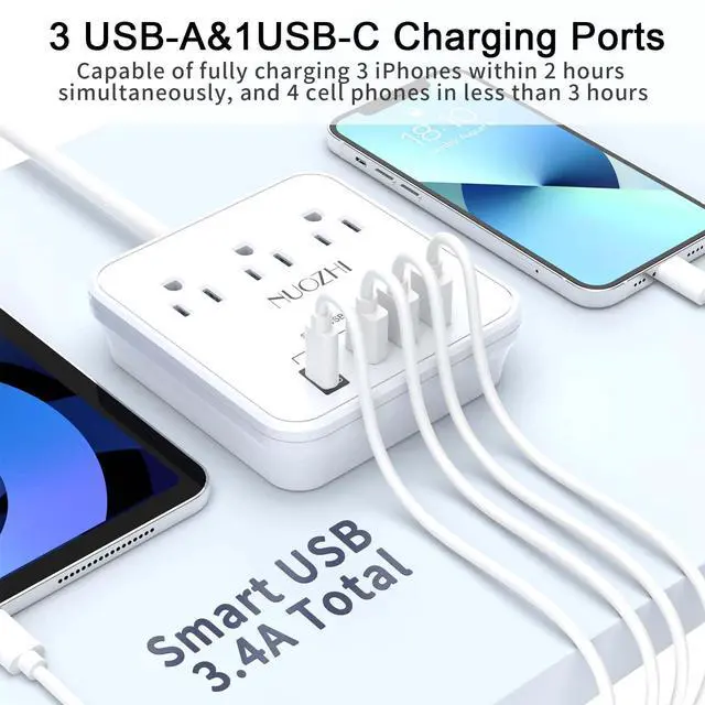 Alt view image 4 of 7 - Cruise Essentials, 6 Ft Power Strip with 3 Outlets and 4 USB Ports(1 USB C), Non Surge Protector for Cruise Ship, Travel, Home Office, ETL Listed, White