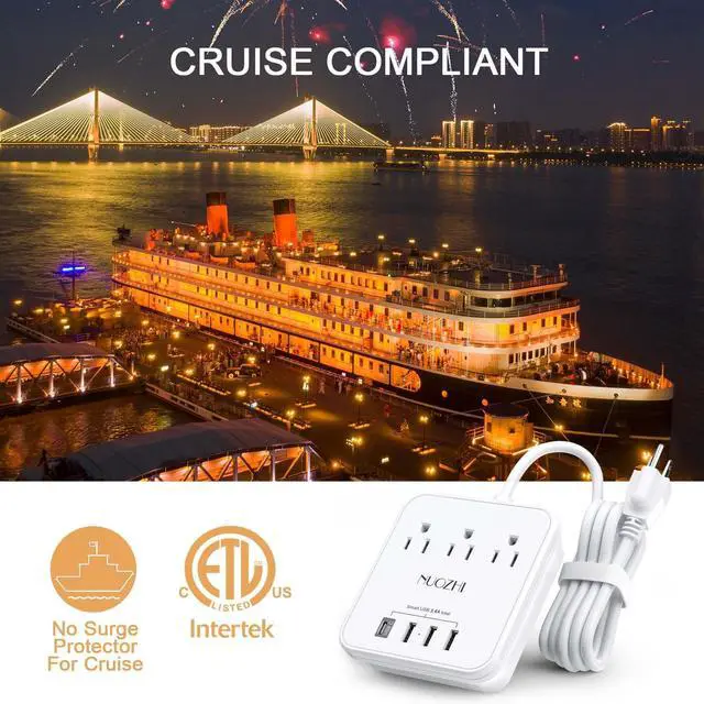 Alt view image 6 of 7 - Cruise Essentials, 6 Ft Power Strip with 3 Outlets and 4 USB Ports(1 USB C), Non Surge Protector for Cruise Ship, Travel, Home Office, ETL Listed, White