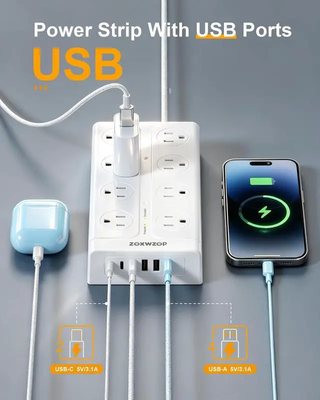 Alt view image 3 of 7 - Surge Protector Power Strip, Flat Plug Extension Cord 6Ft with 6 USB (2 USB C) 16 Outlets, 1850J Protection, 4 Sided Multiple Wall Outlet Extender, for Home, Dorm Room Essentials, ETL