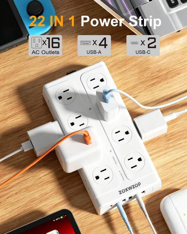 Alt view image 2 of 7 - Surge Protector Power Strip, Flat Plug Extension Cord 6Ft with 6 USB (2 USB C) 16 Outlets, 1850J Protection, 4 Sided Multiple Wall Outlet Extender, for Home, Dorm Room Essentials, ETL