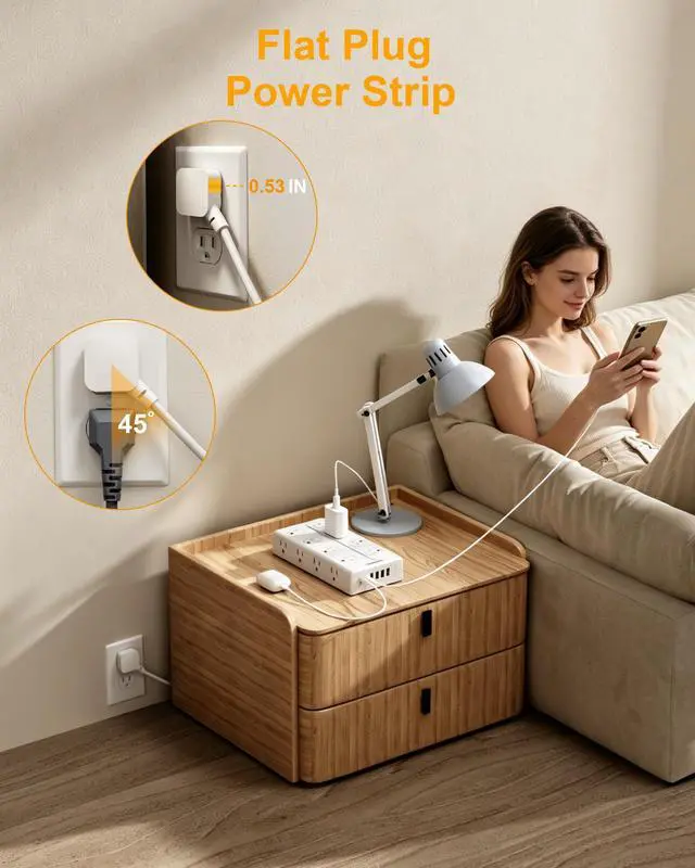 Alt view image 4 of 7 - Surge Protector Power Strip, Flat Plug Extension Cord 6Ft with 6 USB (2 USB C) 16 Outlets, 1850J Protection, 4 Sided Multiple Wall Outlet Extender, for Home, Dorm Room Essentials, ETL