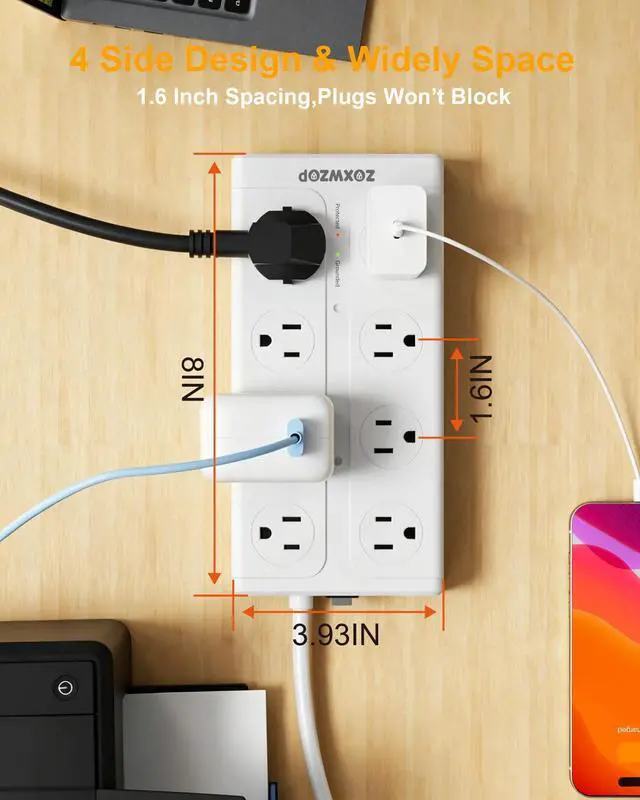 Alt view image 6 of 7 - Surge Protector Power Strip, Flat Plug Extension Cord 6Ft with 6 USB (2 USB C) 16 Outlets, 1850J Protection, 4 Sided Multiple Wall Outlet Extender, for Home, Dorm Room Essentials, ETL