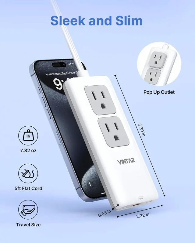 Alt view image 2 of 7 - 5FT Cruise Approved Travel Power Strip with 3 USB Ports(2 USB C) | Non Surge Protector, 45° Flat Plug Extension Cord, 2 Pop Up Outlets, Home Hotel Travel Cruise Ship Essentials