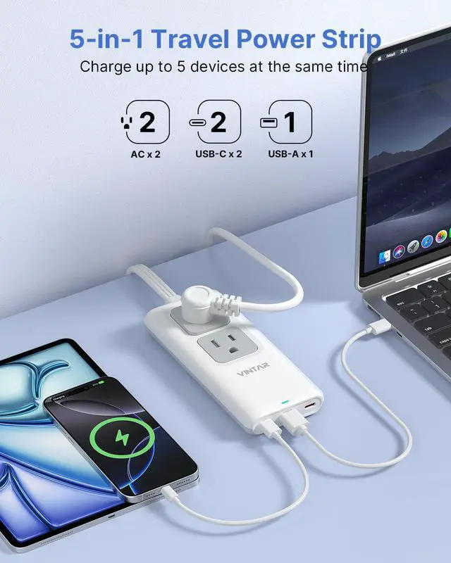 Alt view image 3 of 7 - 5FT Cruise Approved Travel Power Strip with 3 USB Ports(2 USB C) | Non Surge Protector, 45° Flat Plug Extension Cord, 2 Pop Up Outlets, Home Hotel Travel Cruise Ship Essentials