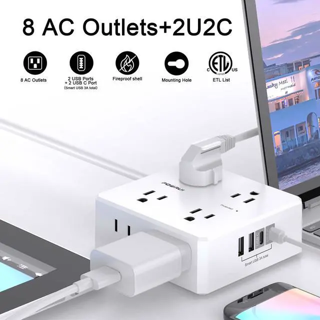 Alt view image 2 of 7 - Surge Protector Power Strip - 6 Ft Flat Plug Extension Cord with 8 Widely Outlets and 4 USB Ports(2 USB C), 3 Side Outlet Extender for Home Office, White, ETL Listed