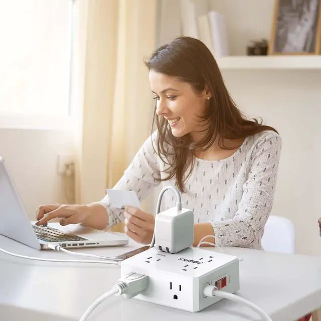 Alt view image 3 of 7 - Surge Protector Power Strip - 6 Ft Flat Plug Extension Cord with 8 Widely Outlets and 4 USB Ports(2 USB C), 3 Side Outlet Extender for Home Office, White, ETL Listed