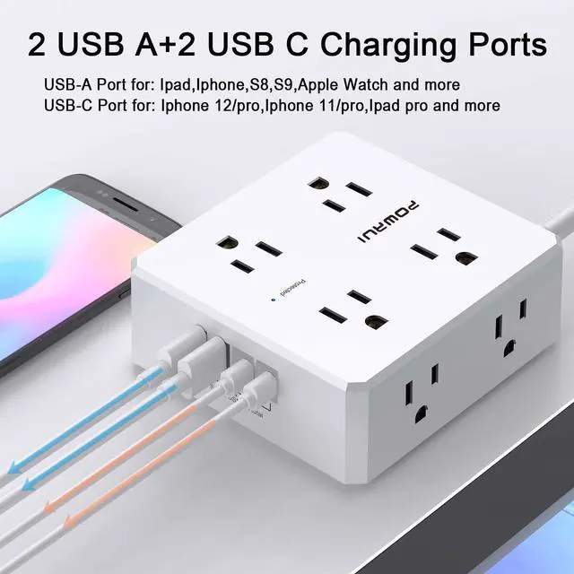 Alt view image 4 of 7 - Surge Protector Power Strip - 6 Ft Flat Plug Extension Cord with 8 Widely Outlets and 4 USB Ports(2 USB C), 3 Side Outlet Extender for Home Office, White, ETL Listed