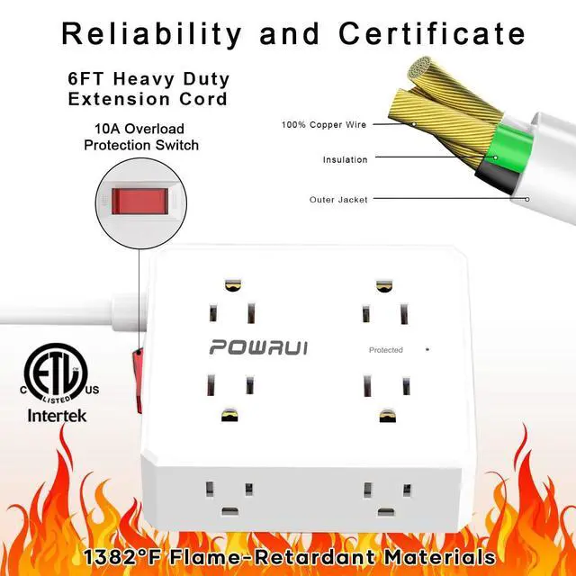 Alt view image 5 of 7 - Surge Protector Power Strip - 6 Ft Flat Plug Extension Cord with 8 Widely Outlets and 4 USB Ports(2 USB C), 3 Side Outlet Extender for Home Office, White, ETL Listed