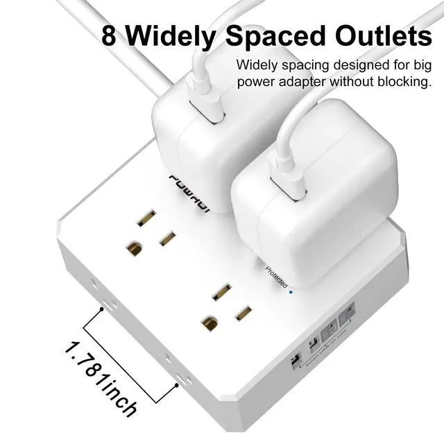 Alt view image 6 of 7 - Surge Protector Power Strip - 6 Ft Flat Plug Extension Cord with 8 Widely Outlets and 4 USB Ports(2 USB C), 3 Side Outlet Extender for Home Office, White, ETL Listed